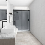 1180-1800x2000mm Grey Glass Wall to Wall Sliding Shower Screen Frameless Black Stainless Steel Square Rail 10mm Safety Glass