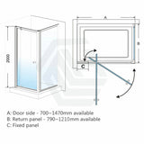 700-1470x2000mm Semi-frameless L Shape Shower Screen Pivot Door with Return Panel Black Fittings