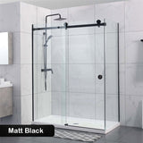 870-1180x2000mm Sliding Shower Screen L Shape Frameless BLACK Square Rail 10mm Glass Embedded Circle Handle