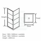 900/1000x2000mm L Shape Shower Screen Pivot Grid Door with Fixed Return Panel Black Framed 6mm Glass
