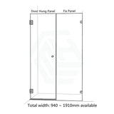 940-1910mm Frameless Wall to Wall Shower Screen Door Hung with Fix Panel in Variant Colour Fittings 10mm Glass