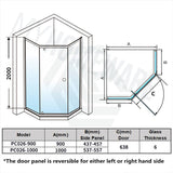 900/1000mm Diamond Shape Shower Screen Pivot Door Variant Colour Semi-frameless 6mm Glass 2000mm Height