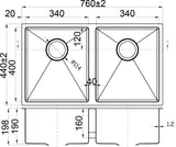 Eva Above/Undermount Double Bowls 340mm x 400mm - Stainless Steel