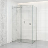 870-1180x2000mm Sliding Shower Screen L Shape Frameless Chrome SS304 Square Rail 10mm Glass Embedded Circle Handle
