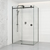 870-1180x2000mm Sliding Shower Screen L Shape Frameless BLACK Square Rail 10mm Glass Embedded Circle Handle