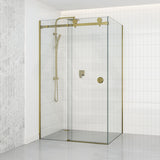 G#1(Gold) 870-1180x2000mm Brushed Gold Sliding Shower Screen L Shape Frameless Square Rail 10mm Glass Embedded Circle Handle