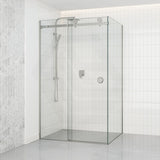 N#1(Nickel) 870-1180x2000mm Brushed Nickel Sliding Shower Screen L Shape Frameless Square Rail 10mm Glass Embedded Circle Handle