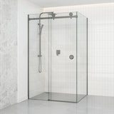 M#1(Gunmetal Grey) 870-1180x2000mm Gunmetal Grey Sliding Shower Screen L Shape Frameless Square Rail 10mm Glass Embedded Circle Handle