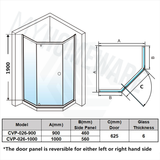900/1000mm Diamond Shape Shower Screen Pivot Door Chrome Semi-frameless 6mm Glass 1900mm Height
