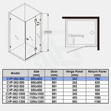 From 800mm to 1200mm Square Shower Screen Pivot Door With Return Panel Variant Colour Frameless 10mm Glass 2000mm Height