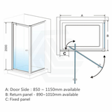 G#9(Gold) Semi-frameless Square Shower Screen Pivot Door 850-1250x2000mm with Knot Handle & Return Panel Elegant Light Gold Fittings