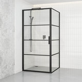 900/1000x2000mm L Shape Shower Screen Pivot Grid Door with Fixed Return Panel Black Framed 6mm Glass