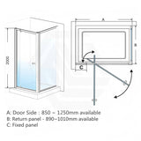 M#1(Gunmetal Grey) 850-1250x2000mm Semi-frameless L Shape Shower Screen Pivot Door with Return Panel Gunmetal Grey Fittings